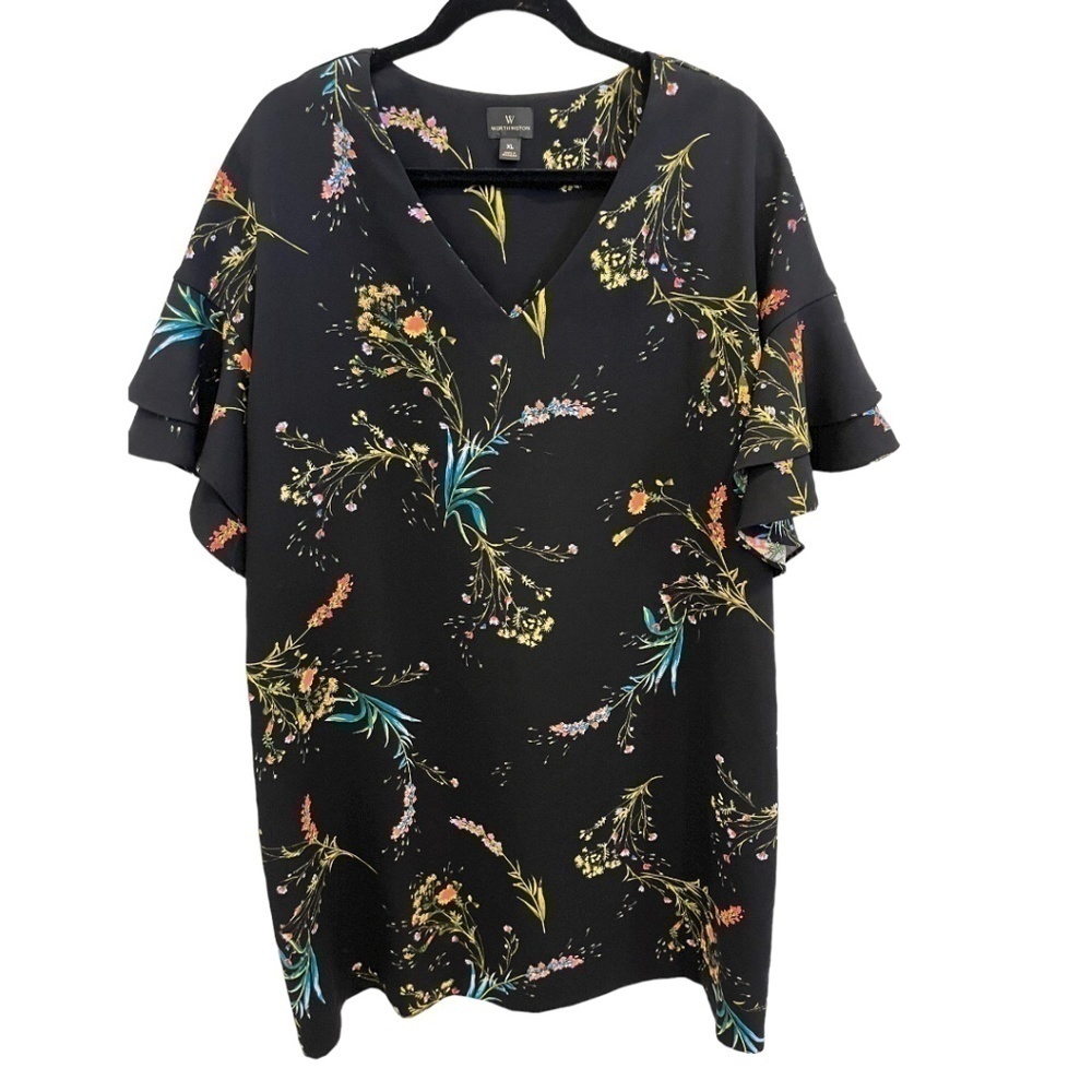 𝅺worthington Womens Black Floral Print Ruffle Sleeve V Neck Dress Size XL